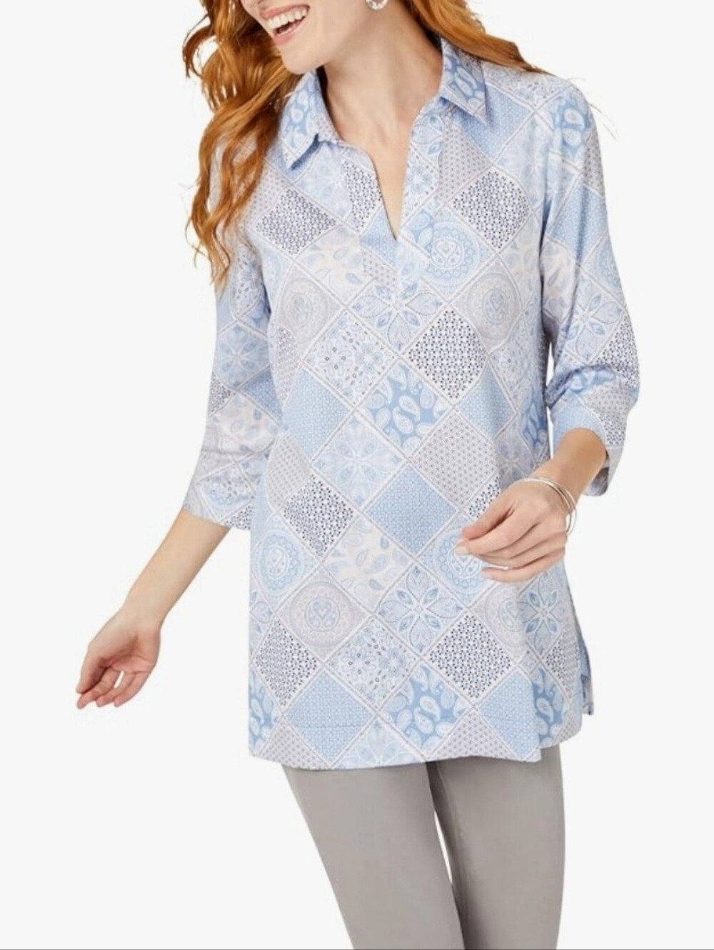 New Foxcroft Patchwork Tunic Top Blouse Womens 22W Blue Paisley Wrinkle Free